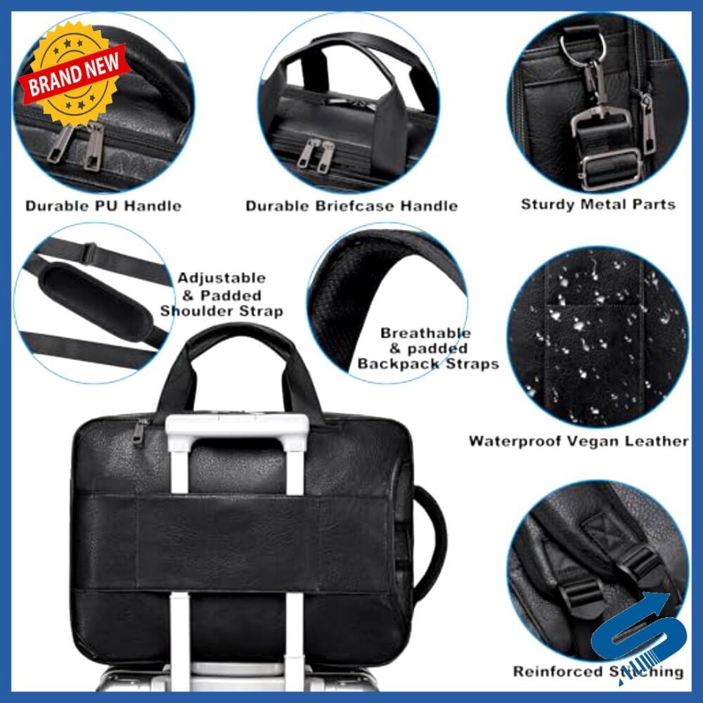 Vegan Leather Convertible Laptop Bag Expandable Backpack Briefcase Messenger - Picture 6 of 7